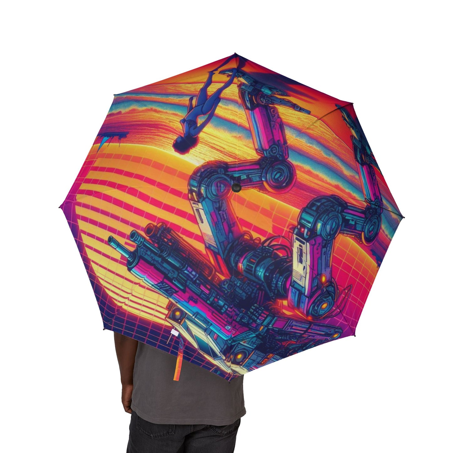 Retro Sci-Fi Semi-Automatic Foldable Umbrella - Colorful Robot Design