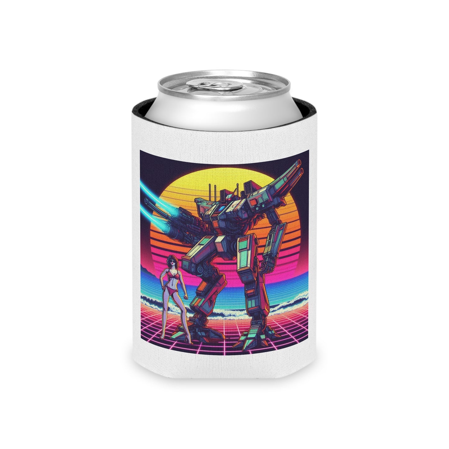 Retro Sci-Fi Can Cooler - Vintage Robot & Sunset Design