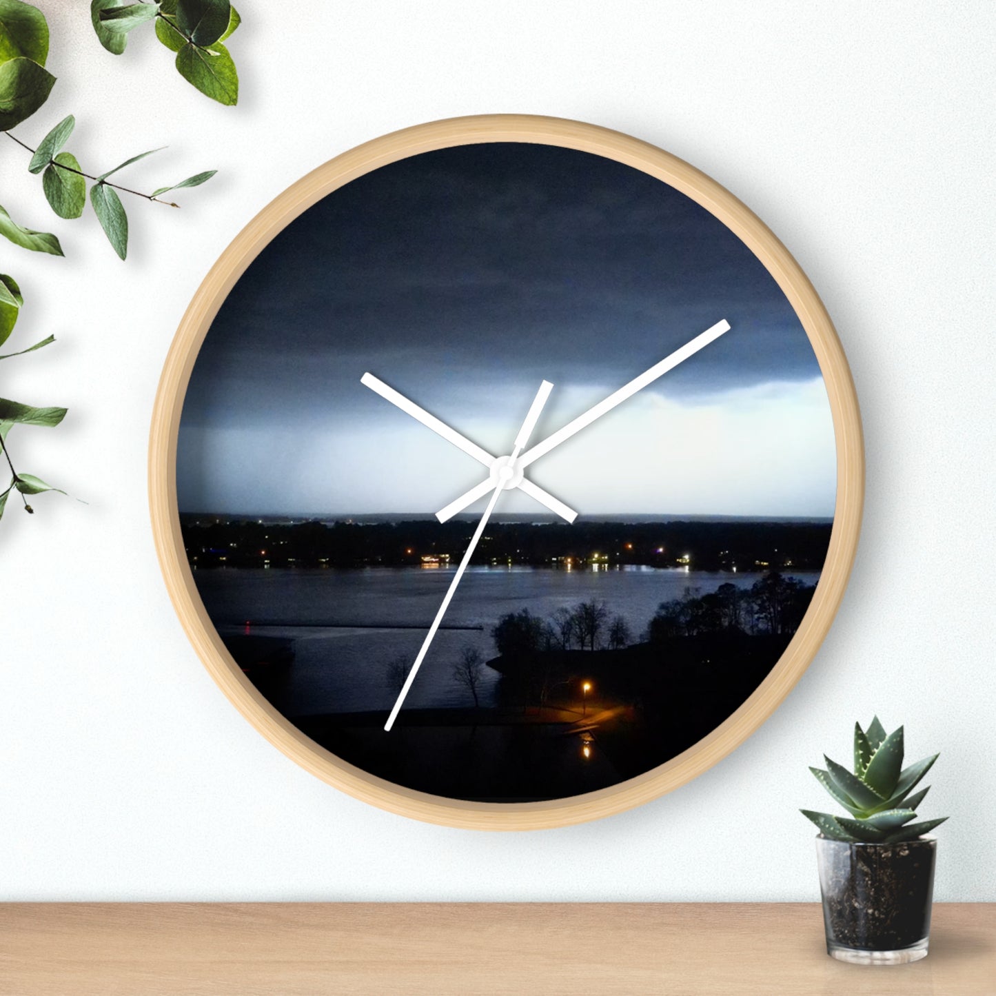 Serene Lakeview Wall Clock – Elegant Wooden Design with Stormy Atmosphere