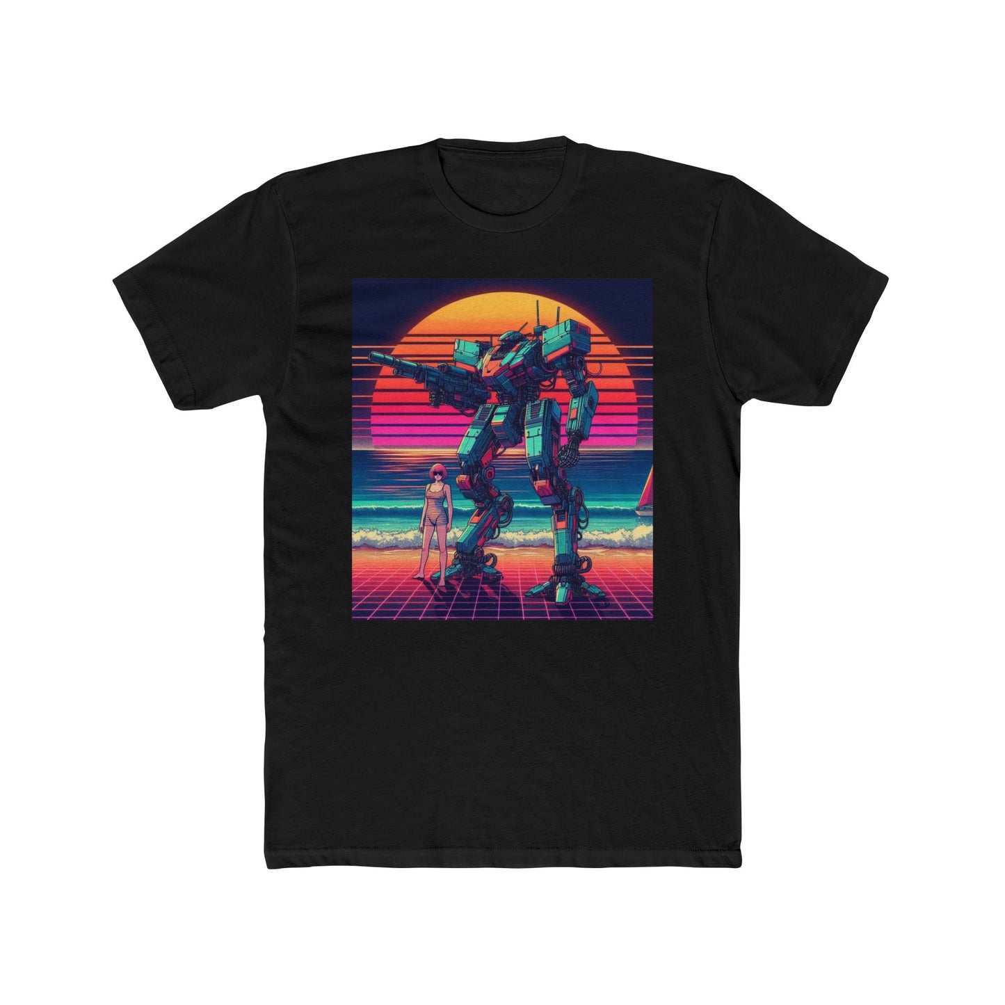 Retro Robot Sunset Unisex Cotton Crew Tee