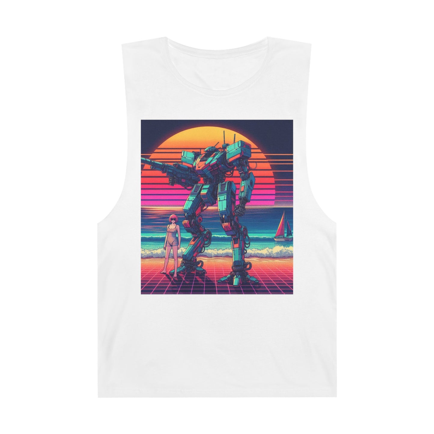 Retro Robot Beach Unisex Tank Top - Vintage 80s Aesthetic Sleeveless Shirt