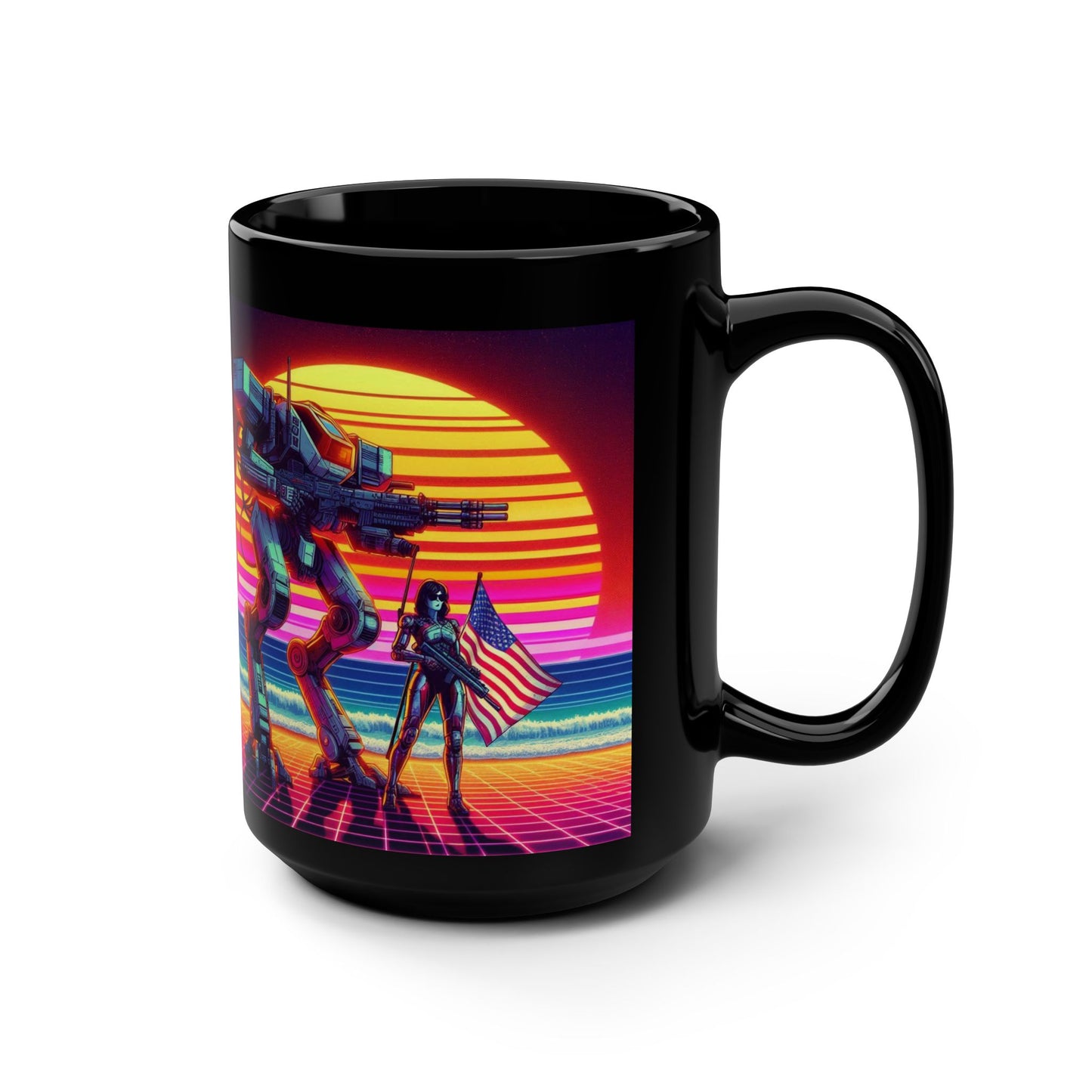 Retro Futuristic Robot Mug - 15oz Black Coffee Cup with Vibrant Artwork
