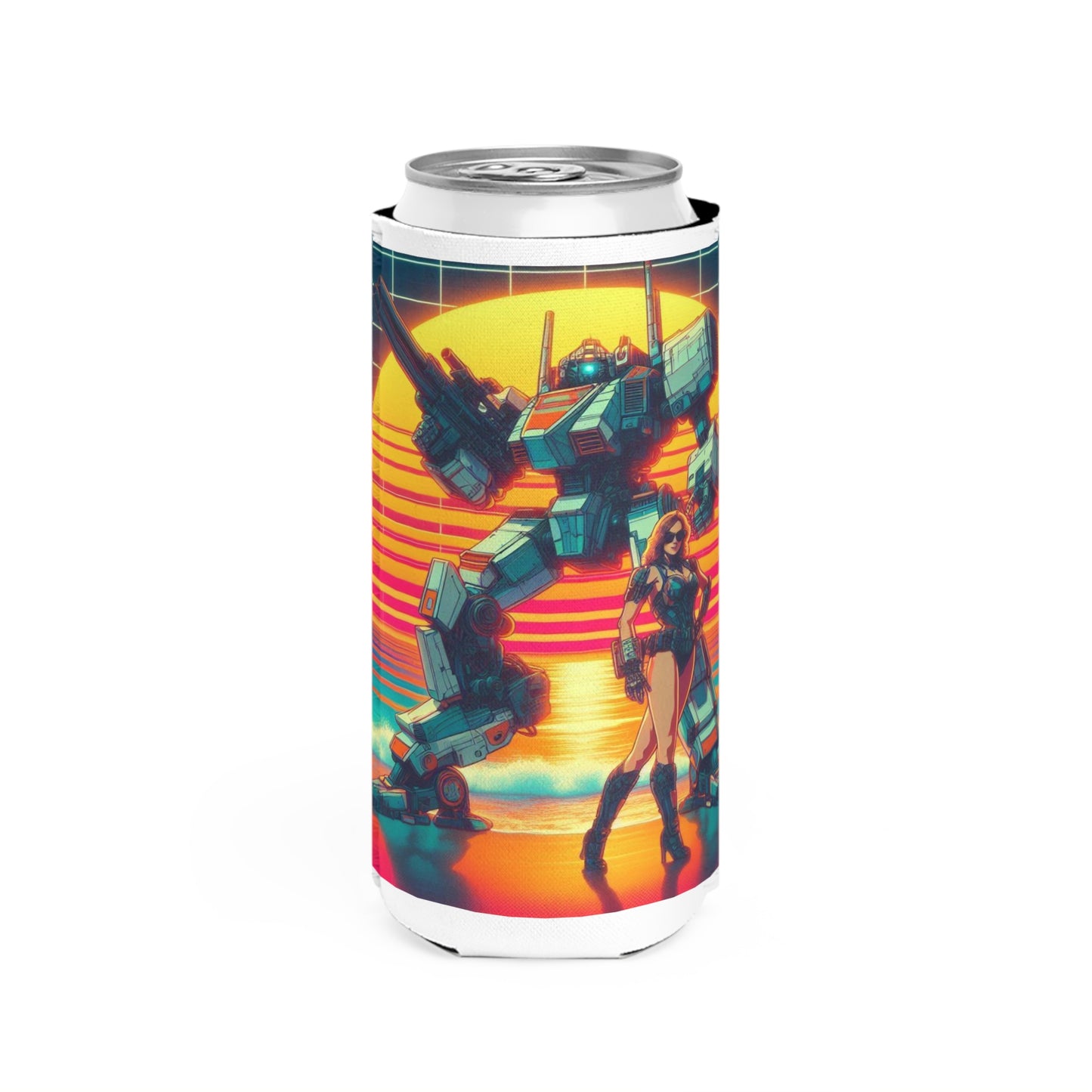 Retro Robot Slim Can Cooler - 80s Inspired Beach Vibe