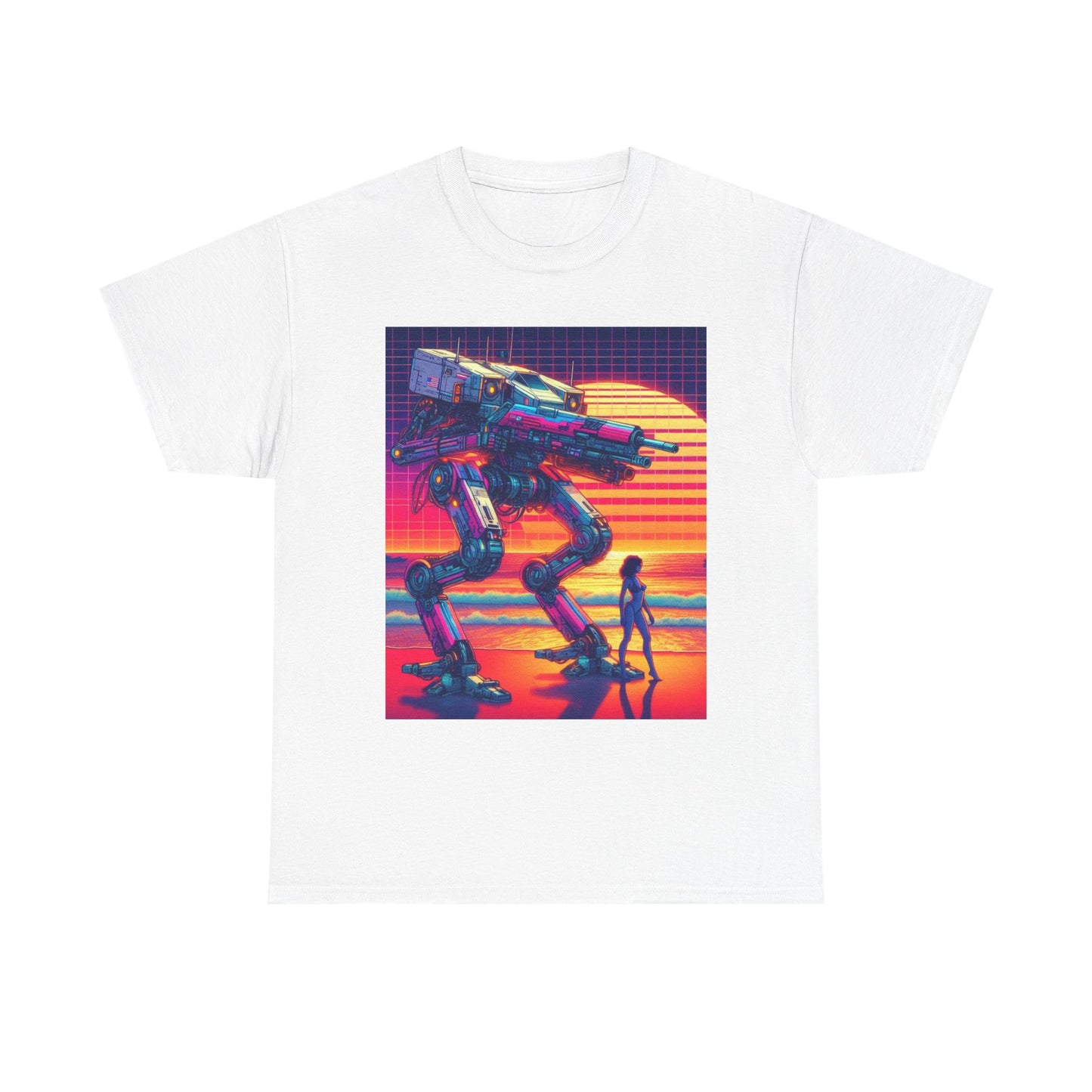 Retro Robot Sunset Unisex Heavy Cotton Tee | Vintage Sci-Fi T-Shirt