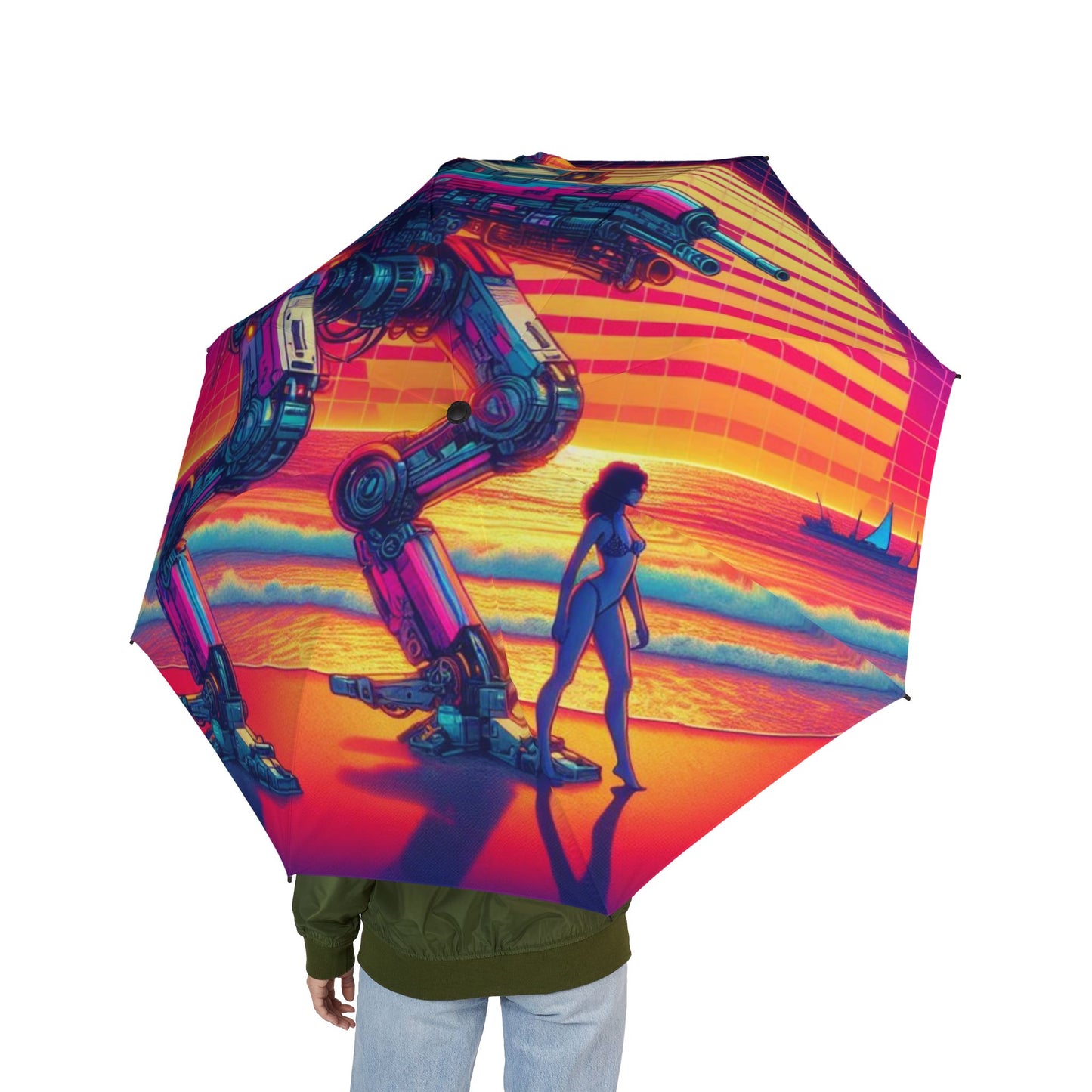 Retro Sci-Fi Semi-Automatic Foldable Umbrella - Colorful Robot Design