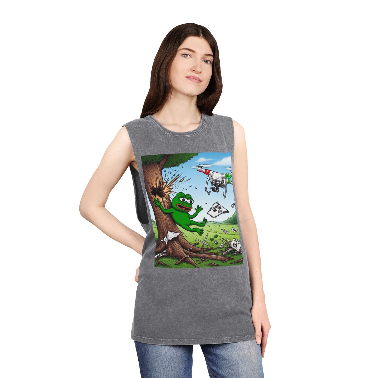 Unisex Stonewash Tank Top - Fun Cartoon Graphic Tee for Casual Wear