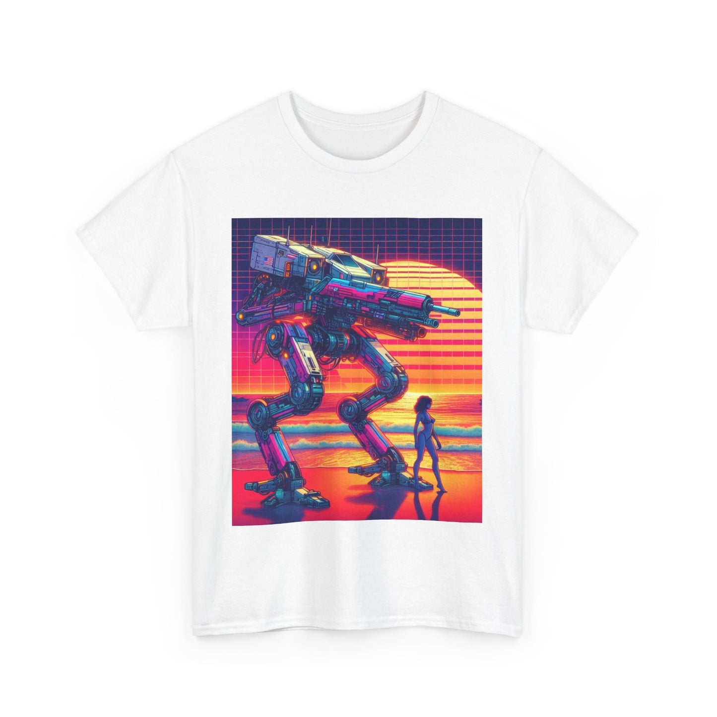 Retro Robot Sunset Unisex Heavy Cotton Tee | Vintage Sci-Fi T-Shirt