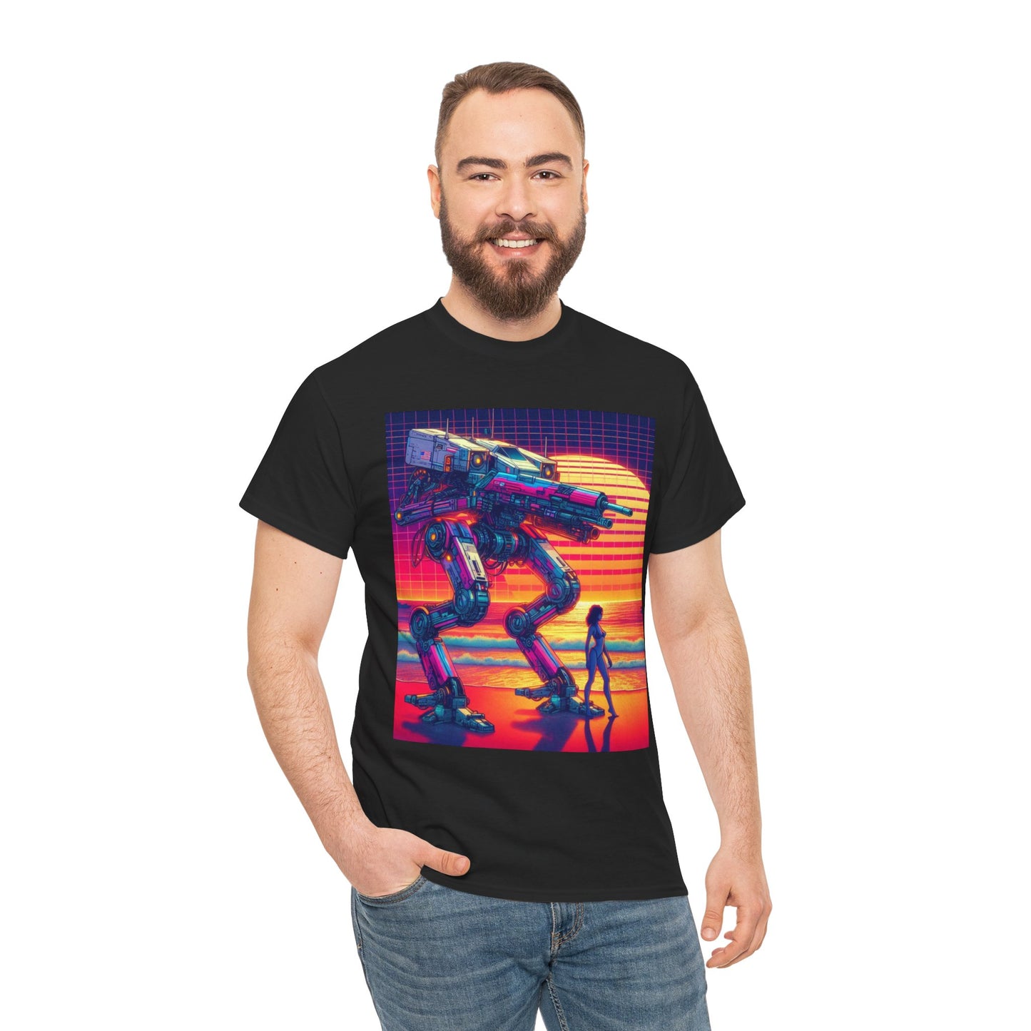 Retro Robot Sunset Unisex Heavy Cotton Tee | Vintage Sci-Fi T-Shirt
