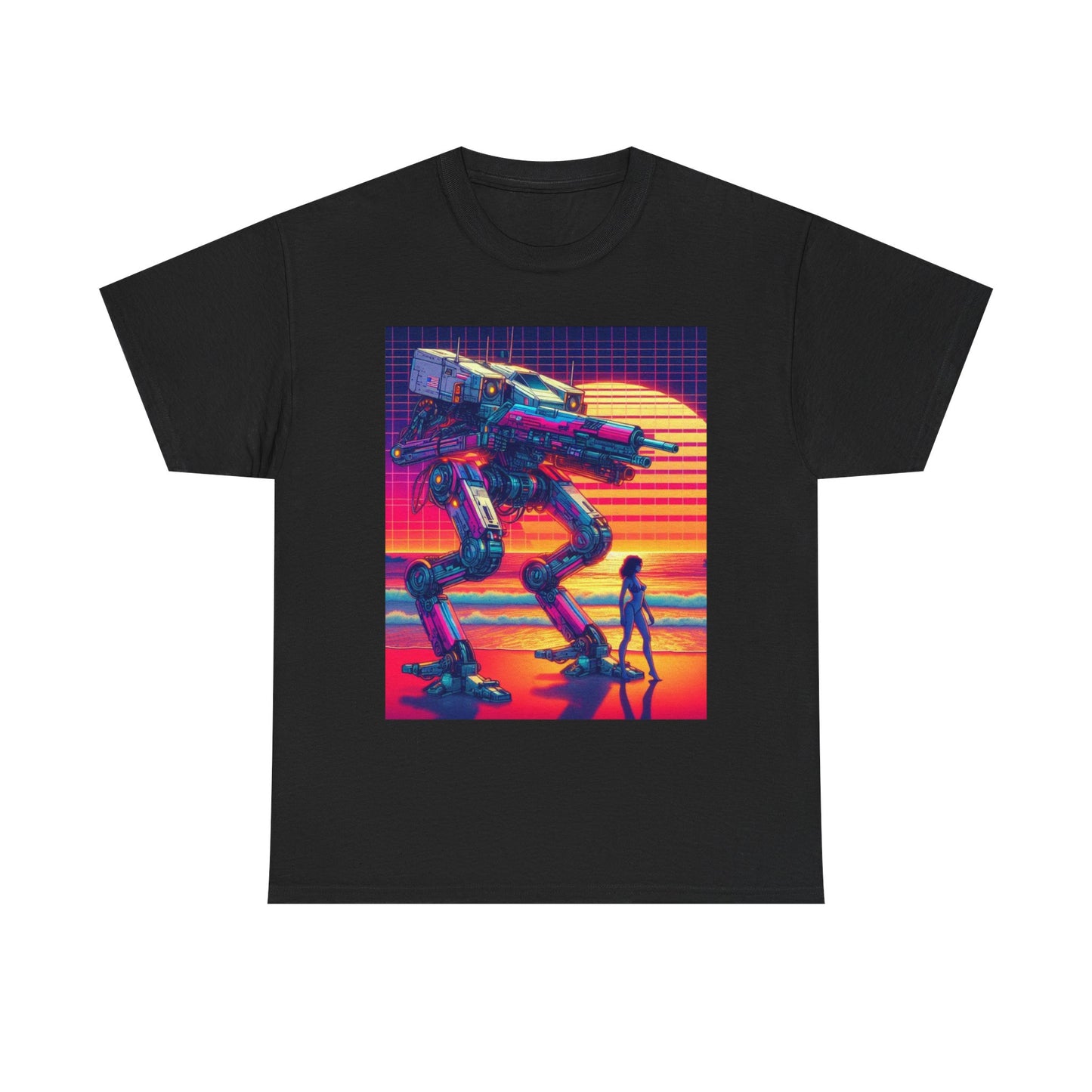 Retro Robot Sunset Unisex Heavy Cotton Tee | Vintage Sci-Fi T-Shirt