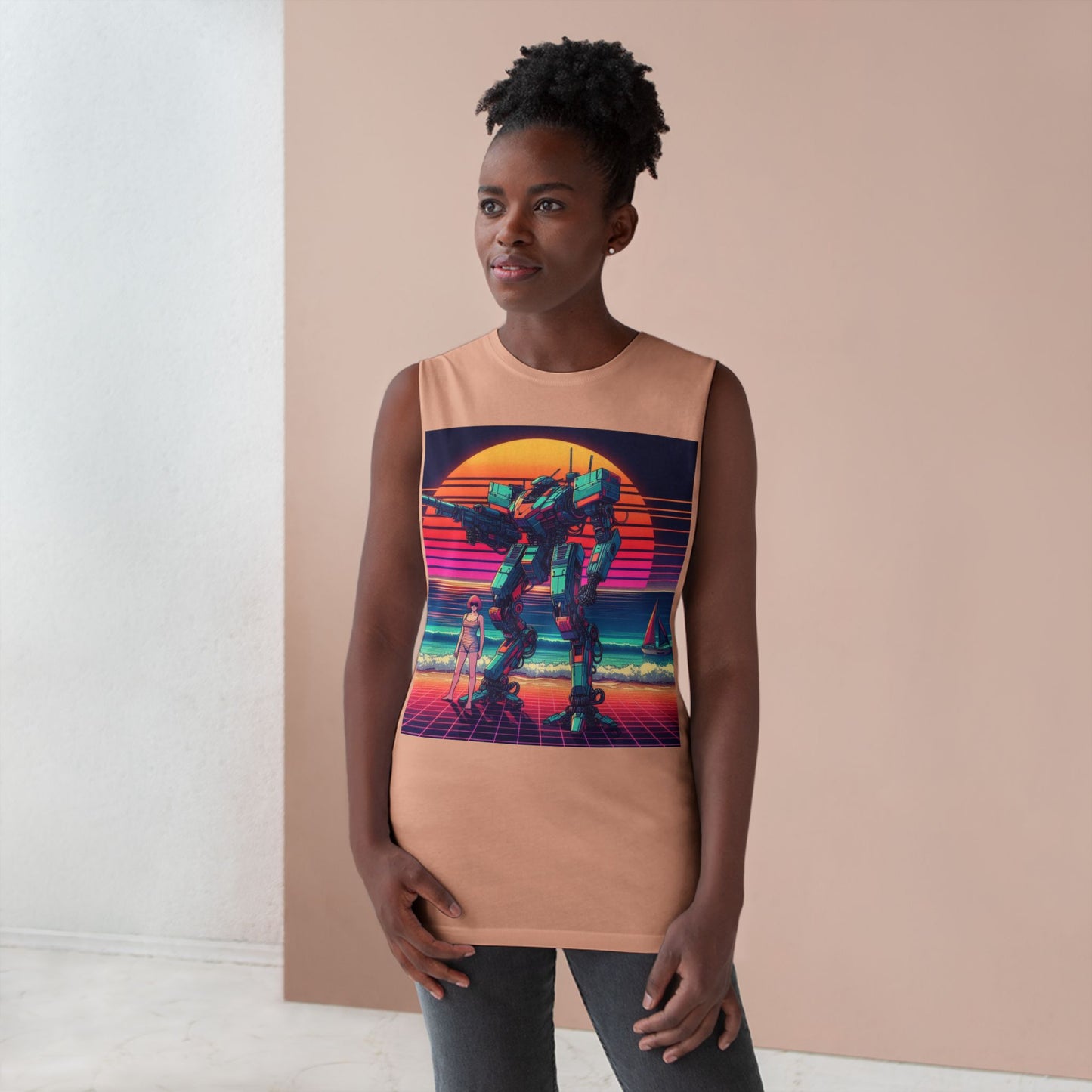 Retro Robot Beach Unisex Tank Top - Vintage 80s Aesthetic Sleeveless Shirt