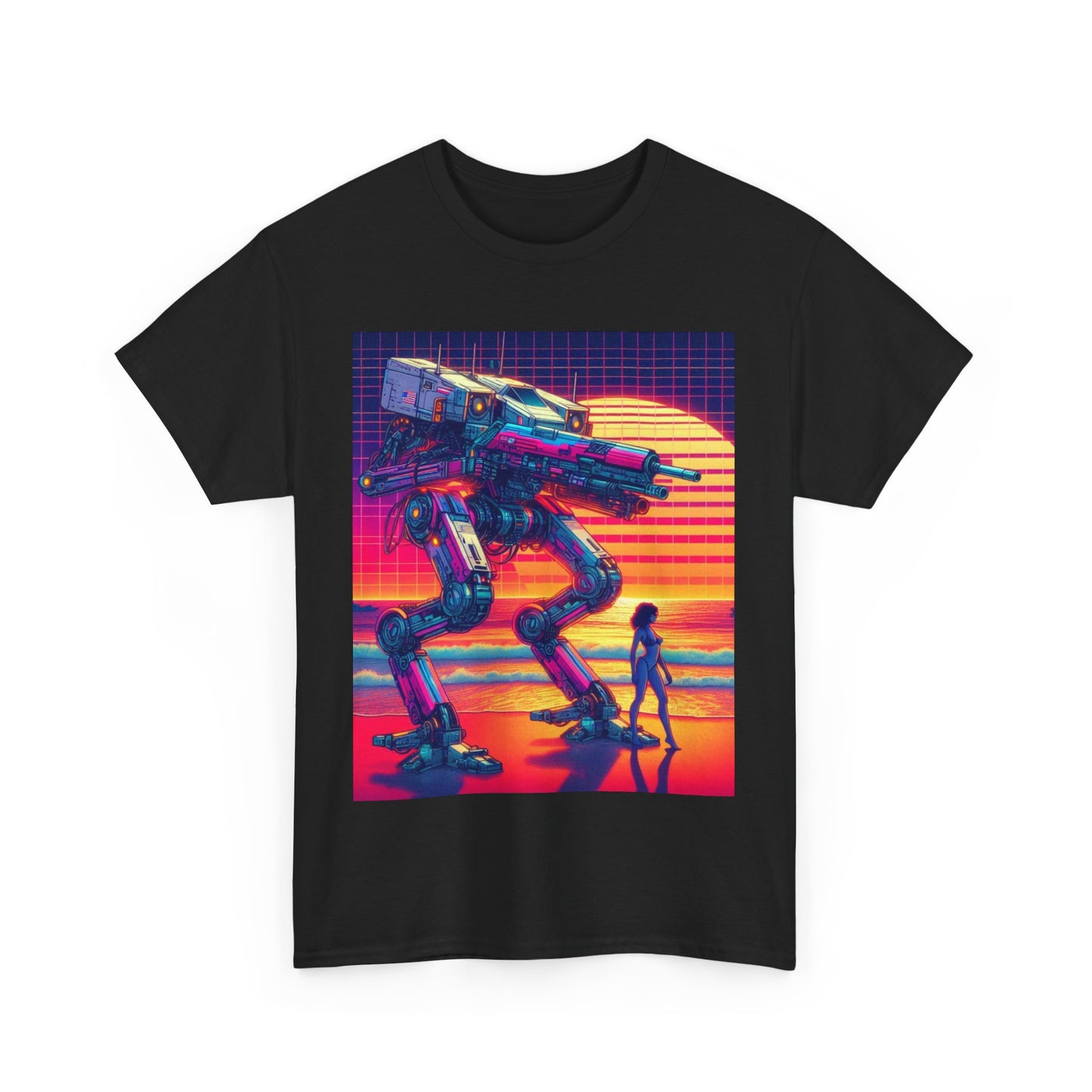 Retro Robot Sunset Unisex Heavy Cotton Tee | Vintage Sci-Fi T-Shirt