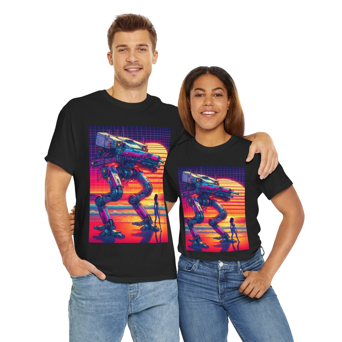 Retro Robot Sunset Unisex Heavy Cotton Tee | Vintage Sci-Fi T-Shirt