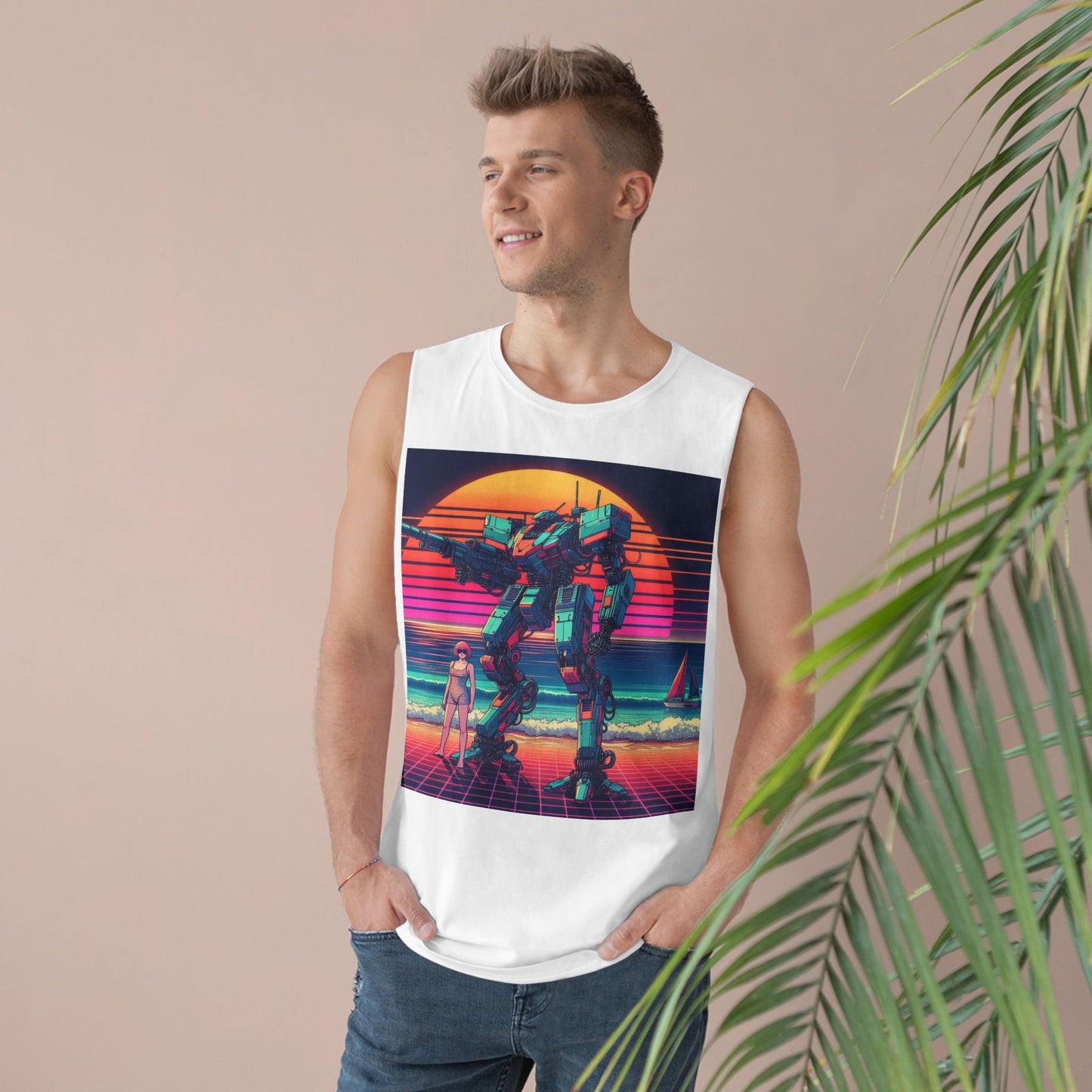 Retro Robot Beach Unisex Tank Top - Vintage 80s Aesthetic Sleeveless Shirt