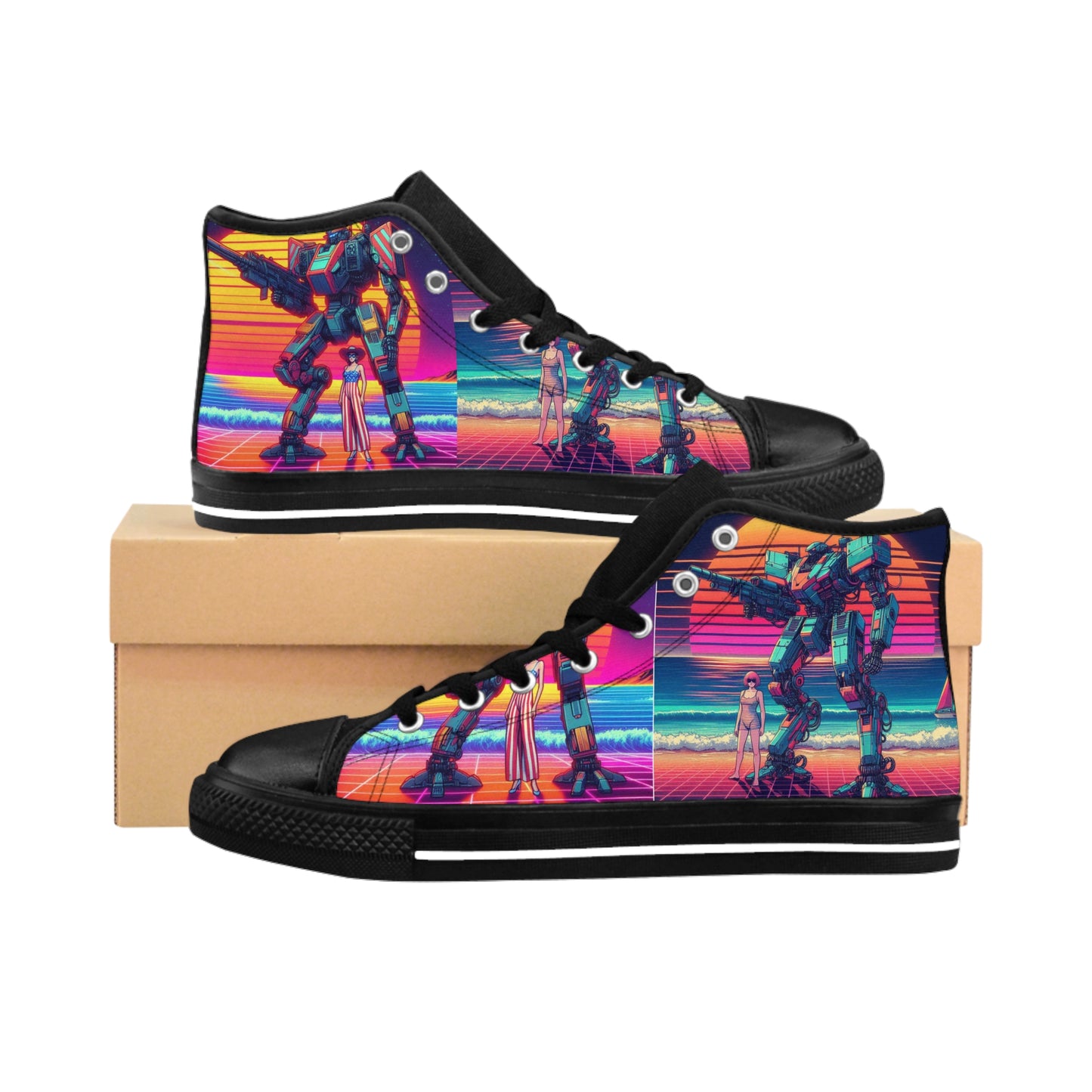 Retro Robotic Art High-Top Sneakers | Men's Classic Sneakers