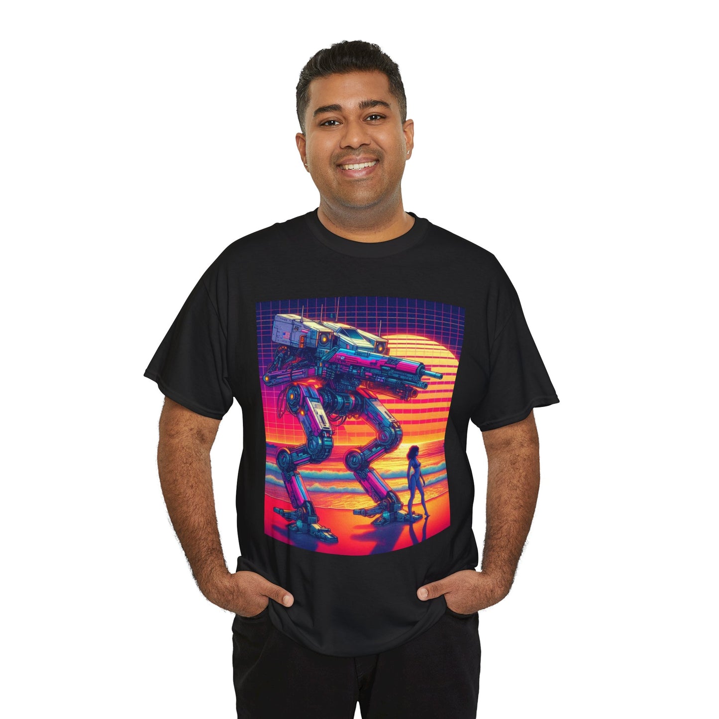 Retro Robot Sunset Unisex Heavy Cotton Tee | Vintage Sci-Fi T-Shirt