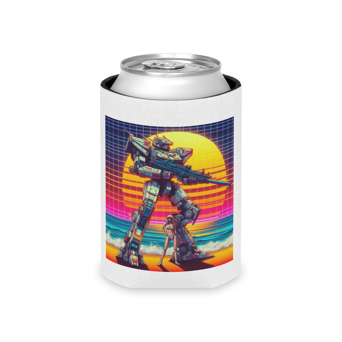 Retro Sci-Fi Can Cooler - Vintage Robot & Sunset Design
