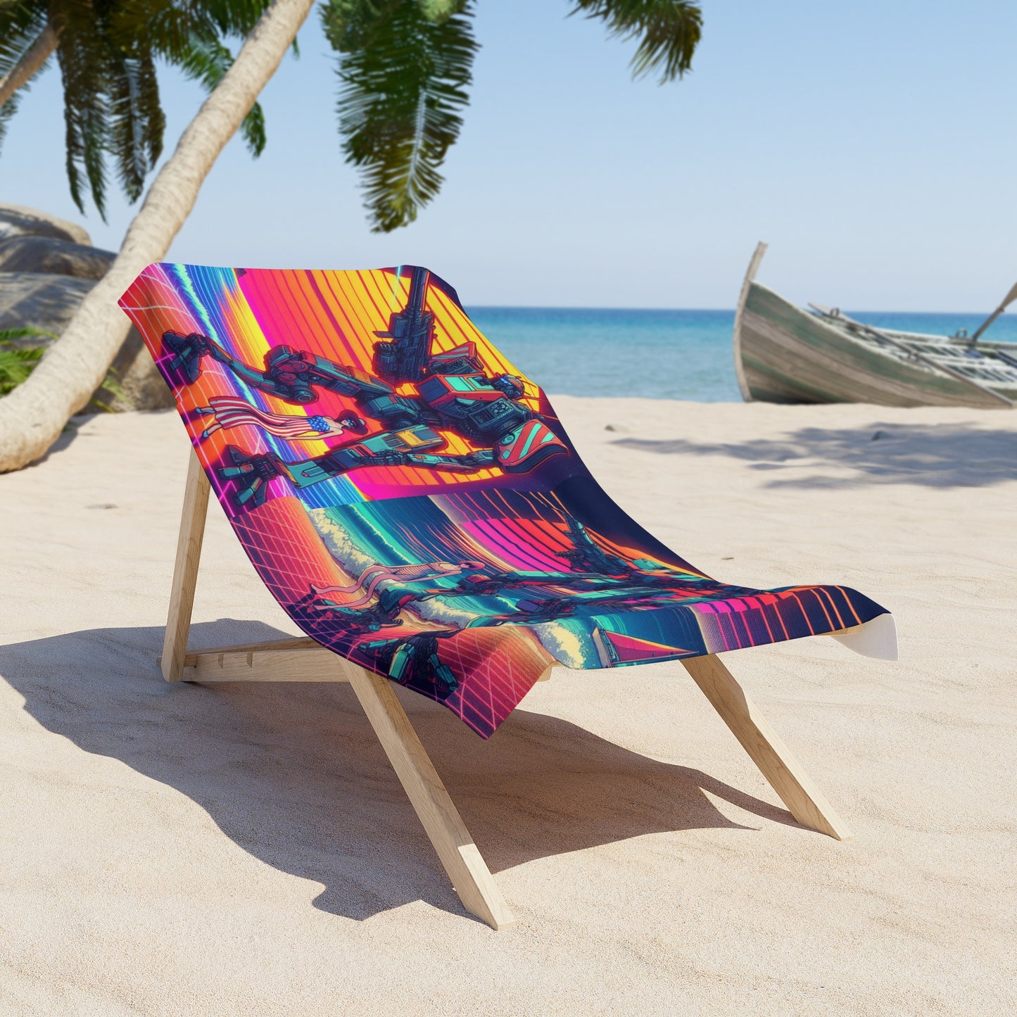 Retro Beach Towel with Neon Mech Design - Perfect for Summer Fun