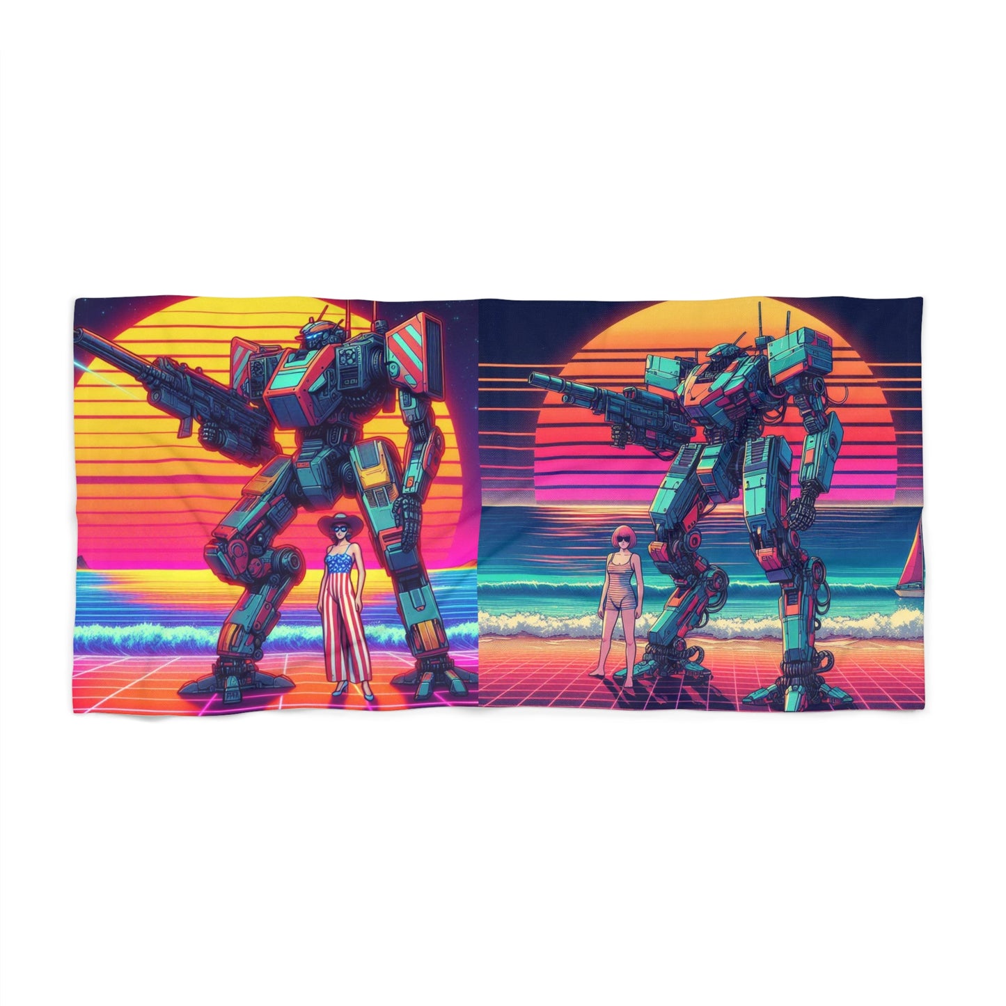 Retro Beach Towel with Neon Mech Design - Perfect for Summer Fun