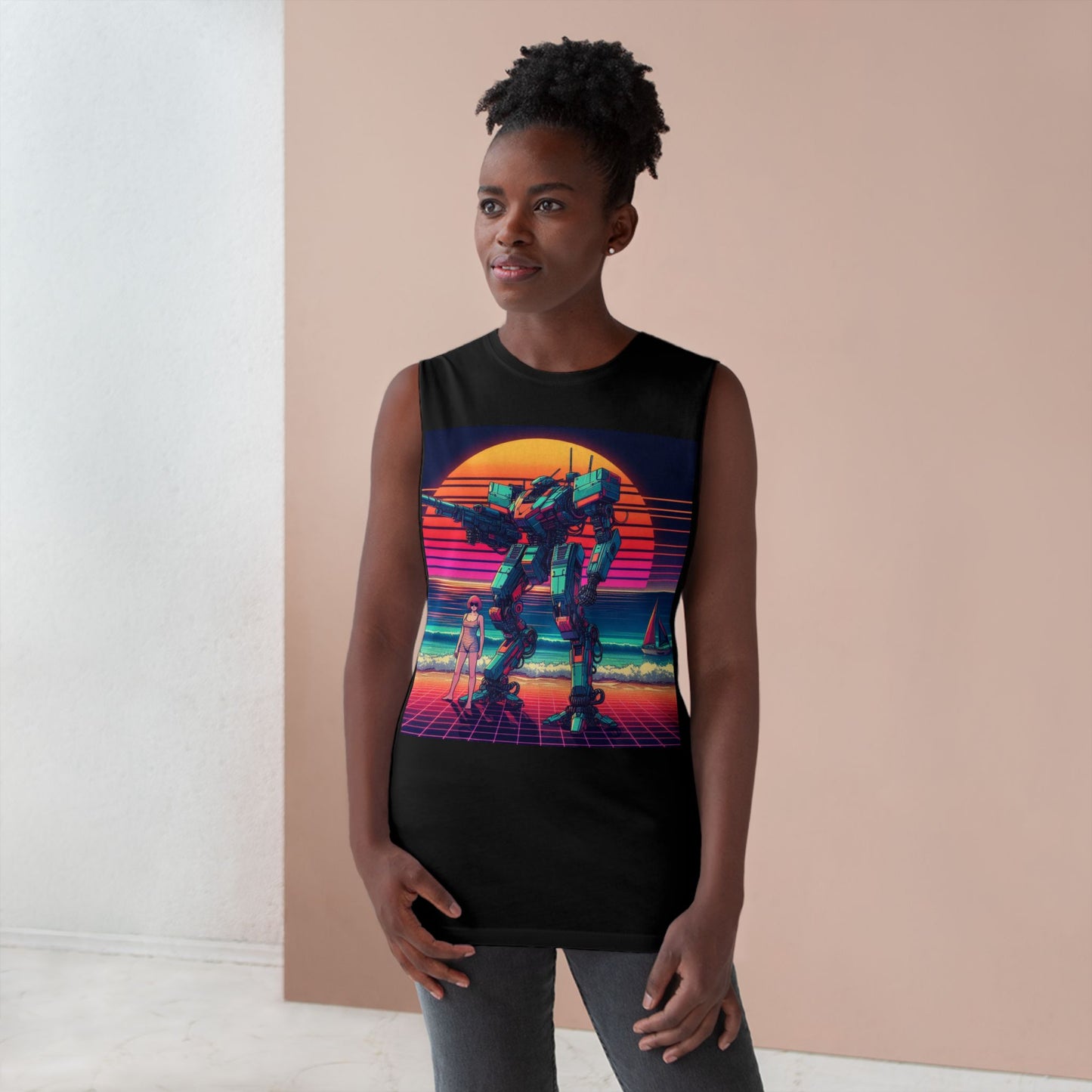Retro Robot Beach Unisex Tank Top - Vintage 80s Aesthetic Sleeveless Shirt