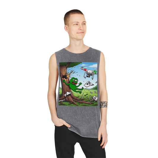 Unisex Stonewash Tank Top - Fun Cartoon Graphic Tee for Casual Wear