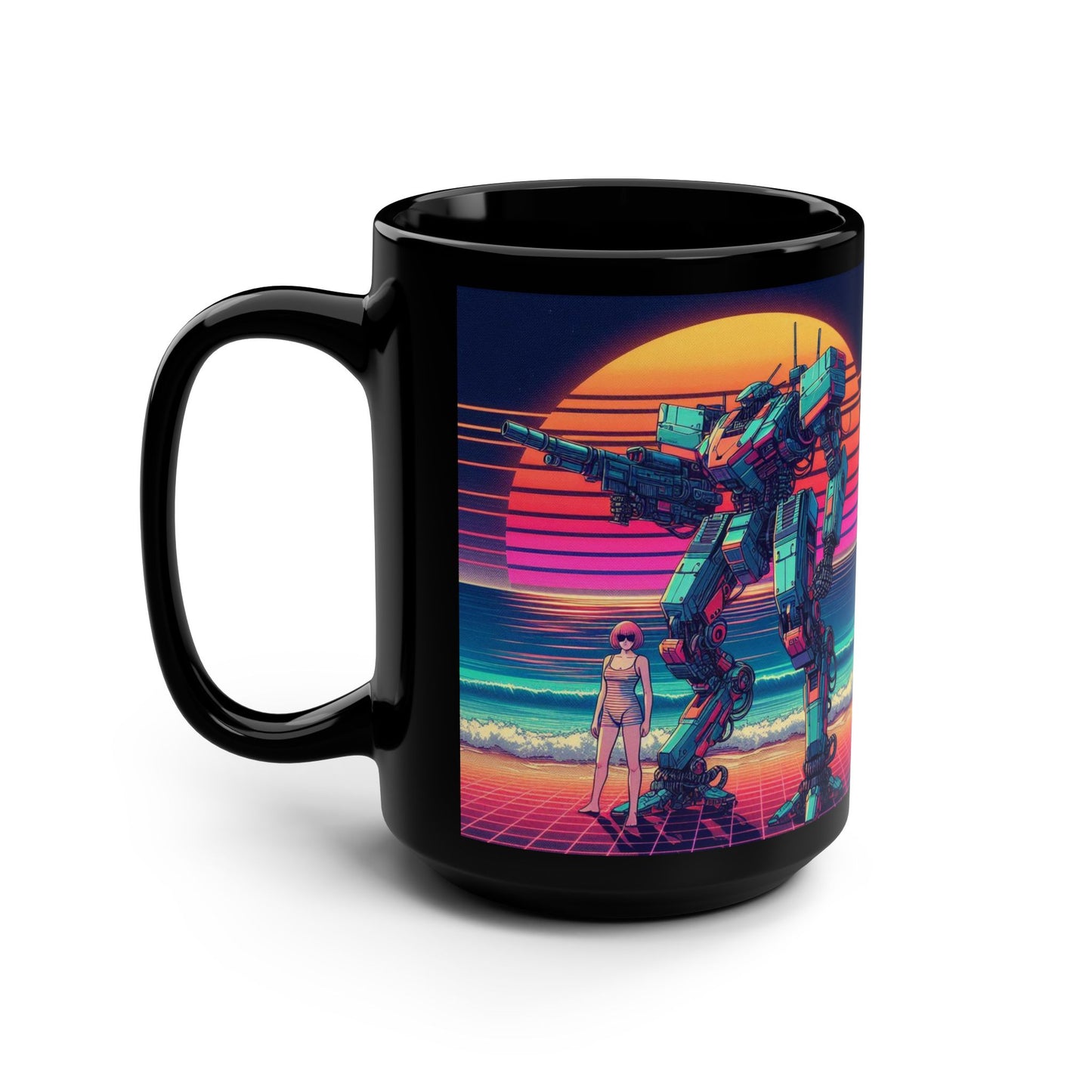 Retro Futuristic Robot Mug - 15oz Black Coffee Cup with Vibrant Artwork
