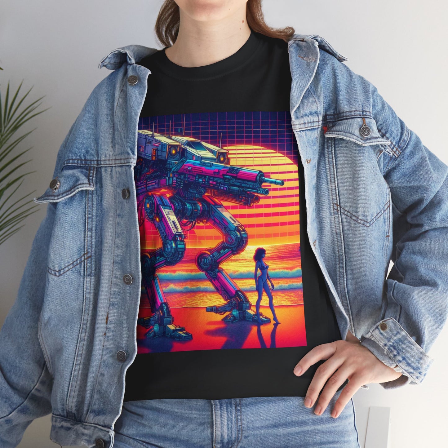 Retro Robot Sunset Unisex Heavy Cotton Tee | Vintage Sci-Fi T-Shirt