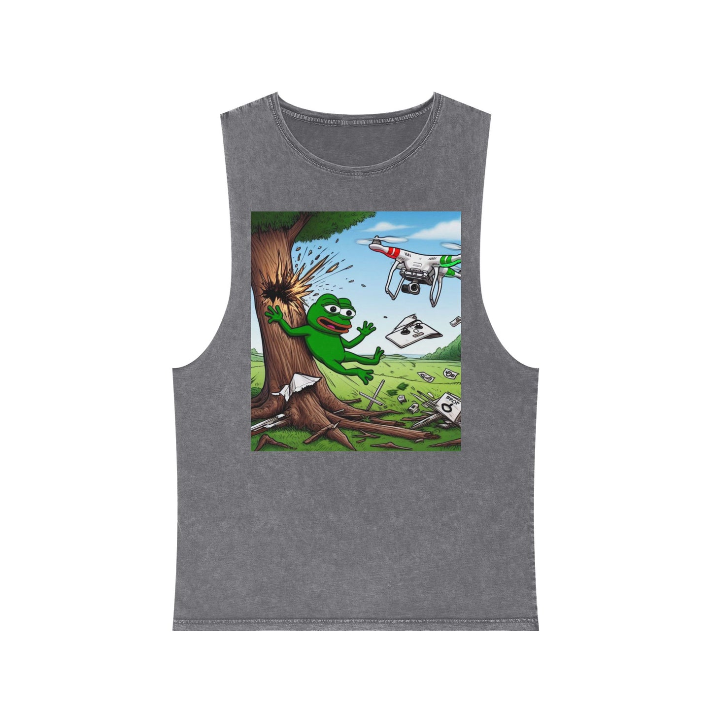 Unisex Stonewash Tank Top - Fun Cartoon Graphic Tee for Casual Wear