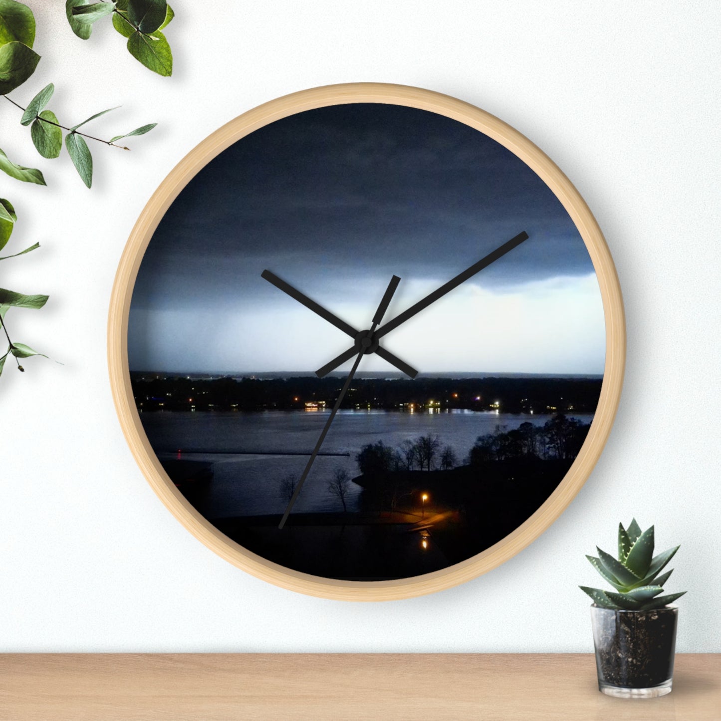 Serene Lakeview Wall Clock – Elegant Wooden Design with Stormy Atmosphere