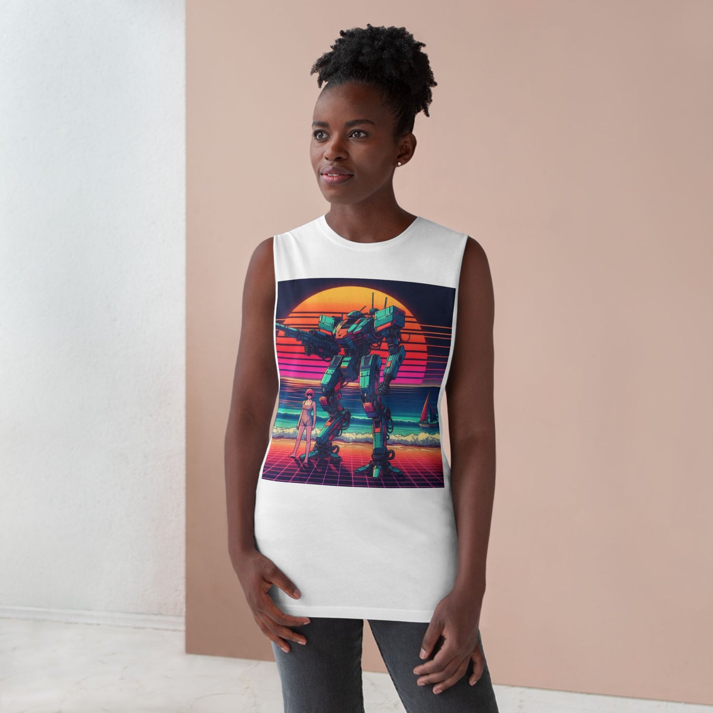 Retro Robot Beach Unisex Tank Top - Vintage 80s Aesthetic Sleeveless Shirt