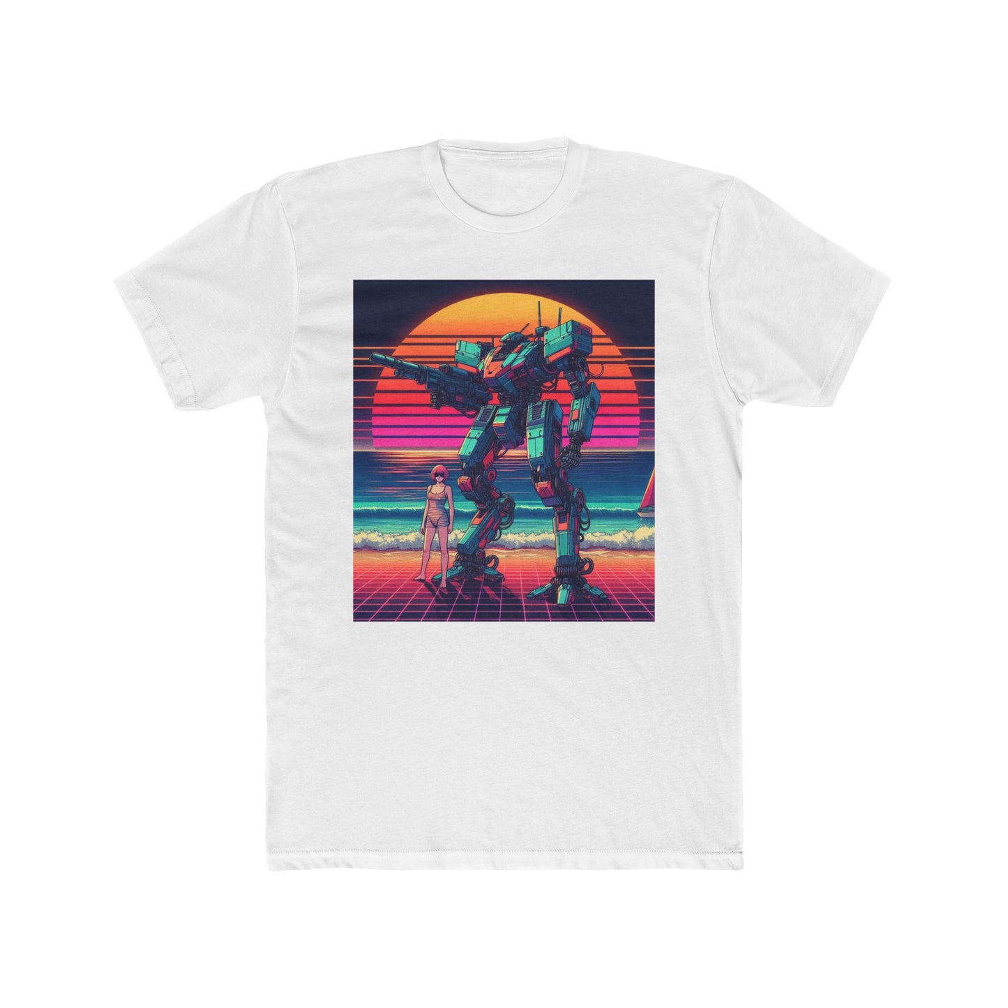 Retro Robot Sunset Unisex Cotton Crew Tee
