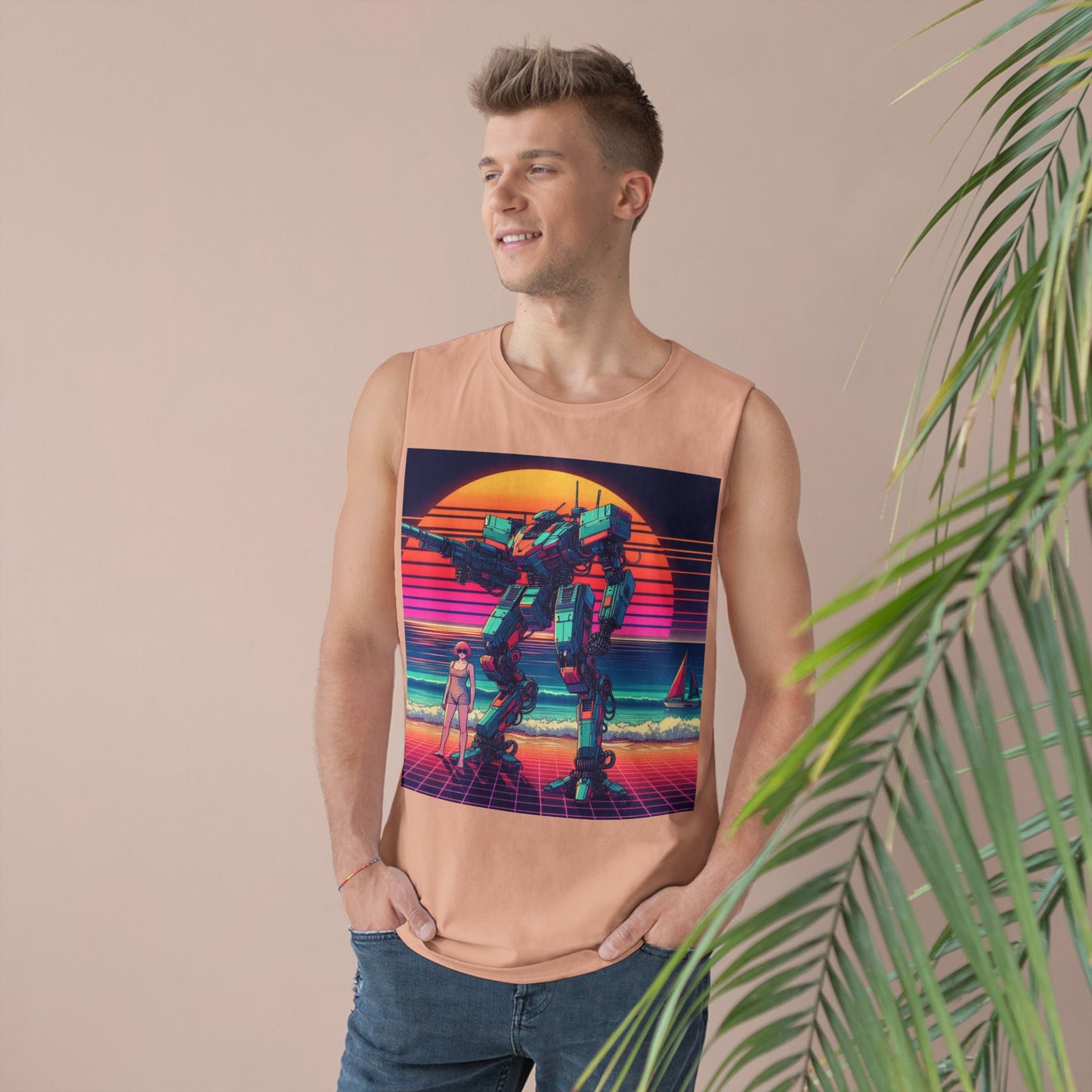 Retro Robot Beach Unisex Tank Top - Vintage 80s Aesthetic Sleeveless Shirt