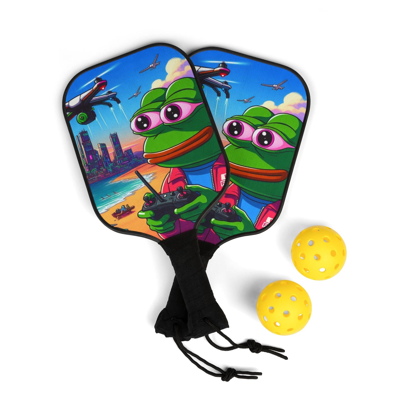 Pickleball Paddle Set - Fun Cartoon Beach Design with Balls