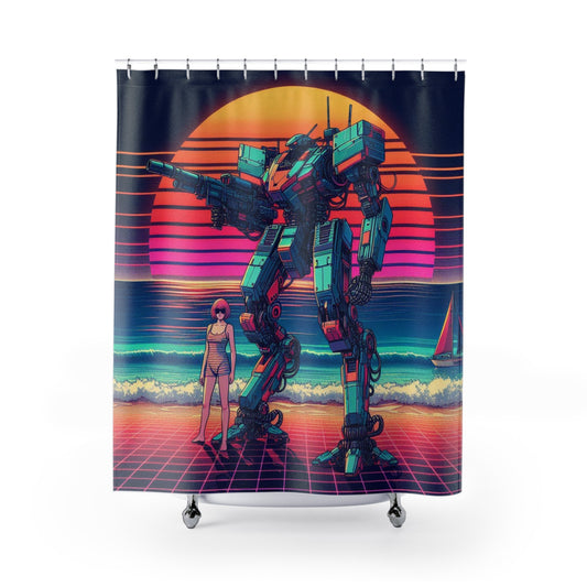 Retro Robot Shower Curtain - Vintage Neon Aesthetic Bath Decor