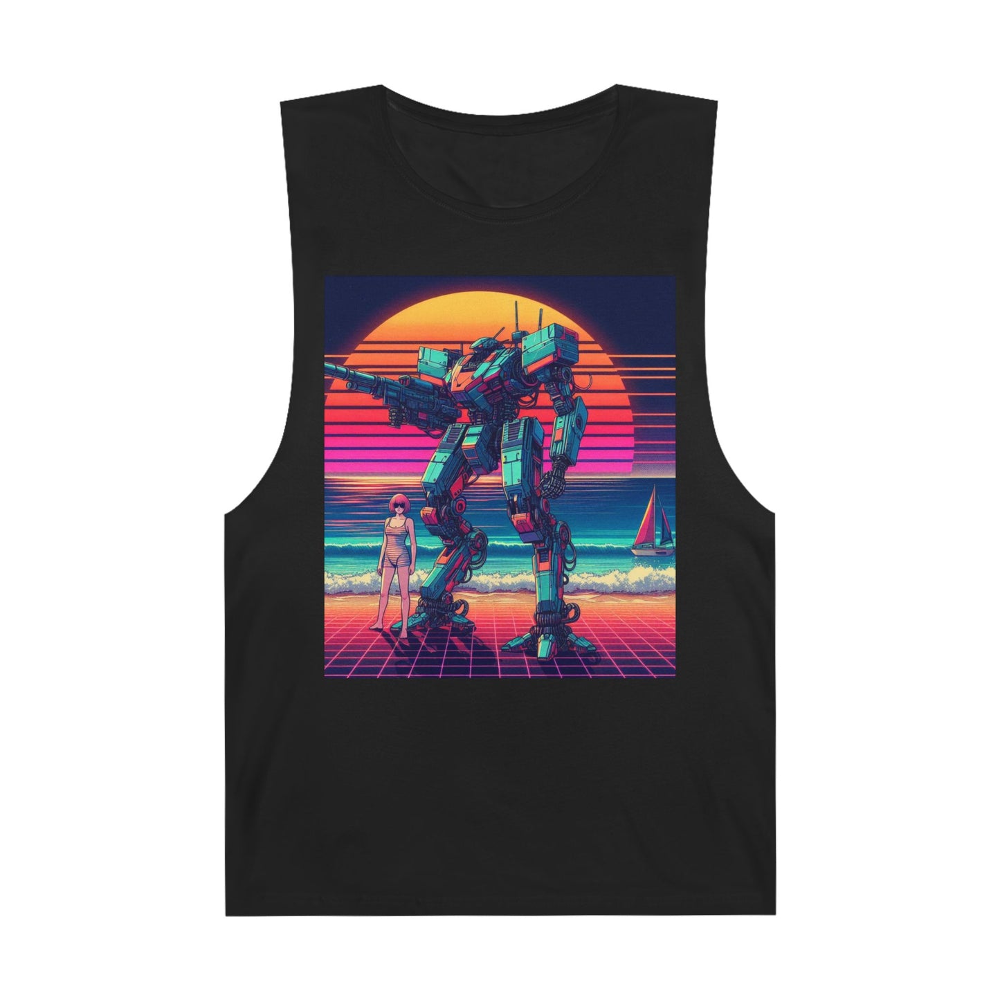 Retro Robot Beach Unisex Tank Top - Vintage 80s Aesthetic Sleeveless Shirt