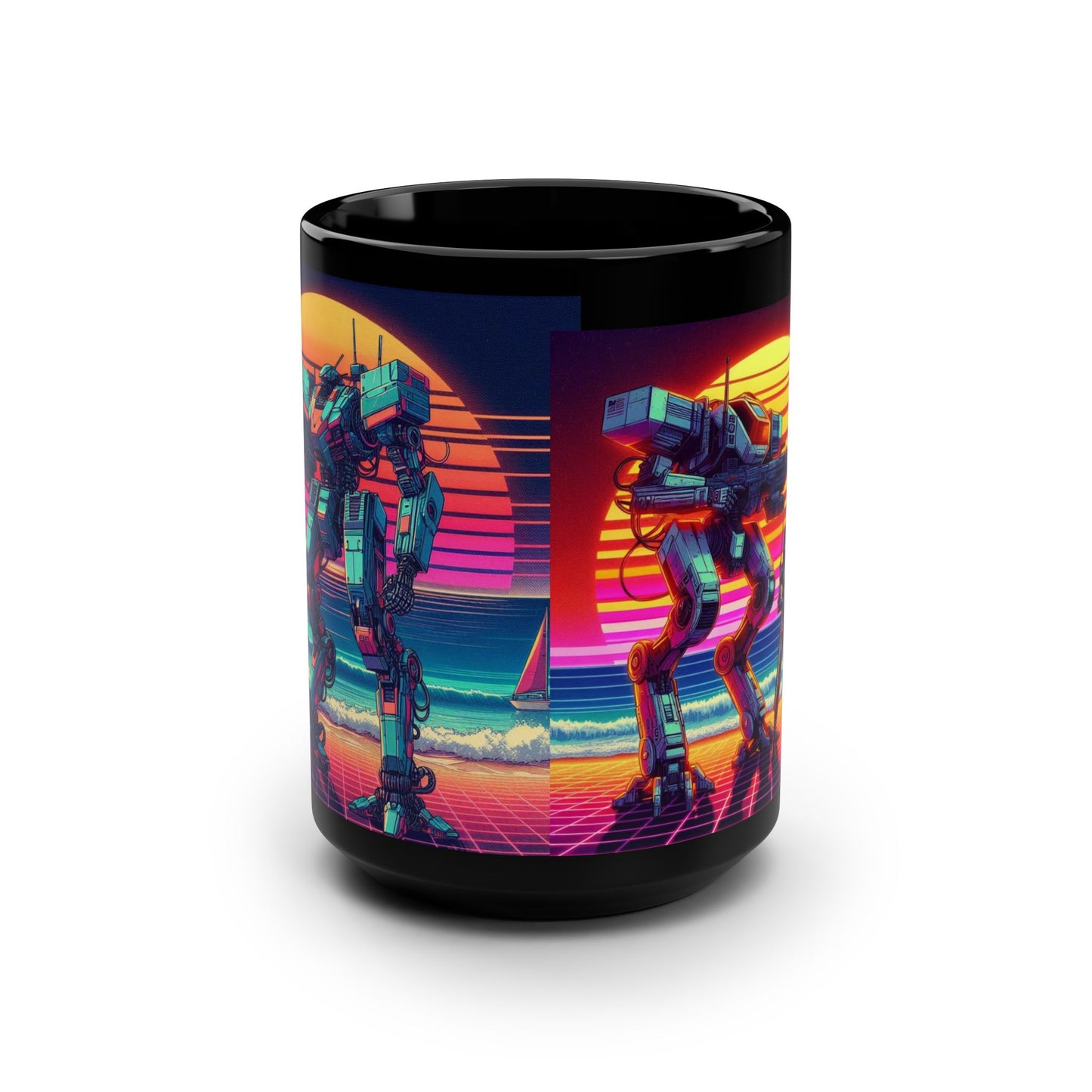 Retro Futuristic Robot Mug - 15oz Black Coffee Cup with Vibrant Artwork