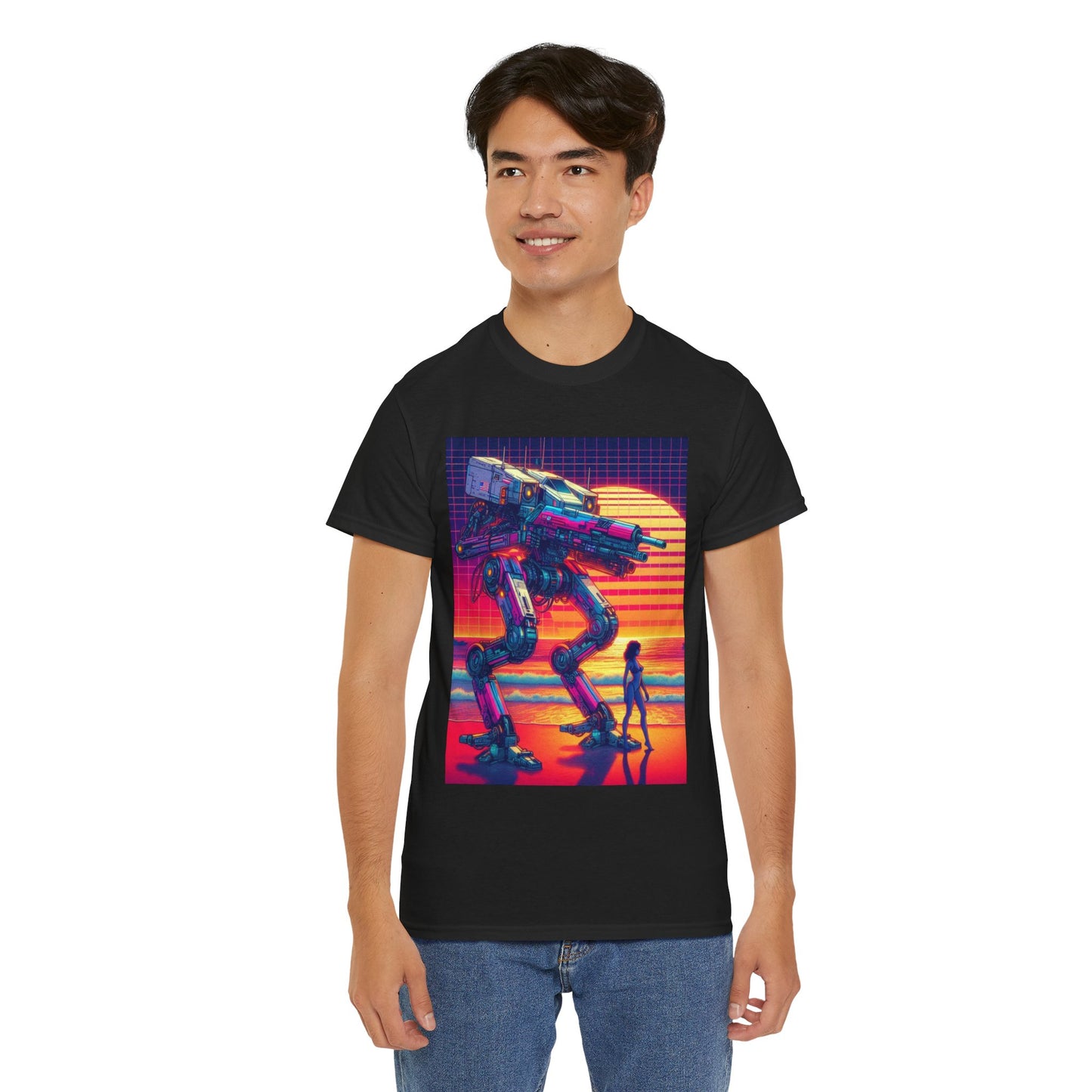 Retro Robot Sunset Unisex Heavy Cotton Tee | Vintage Sci-Fi T-Shirt