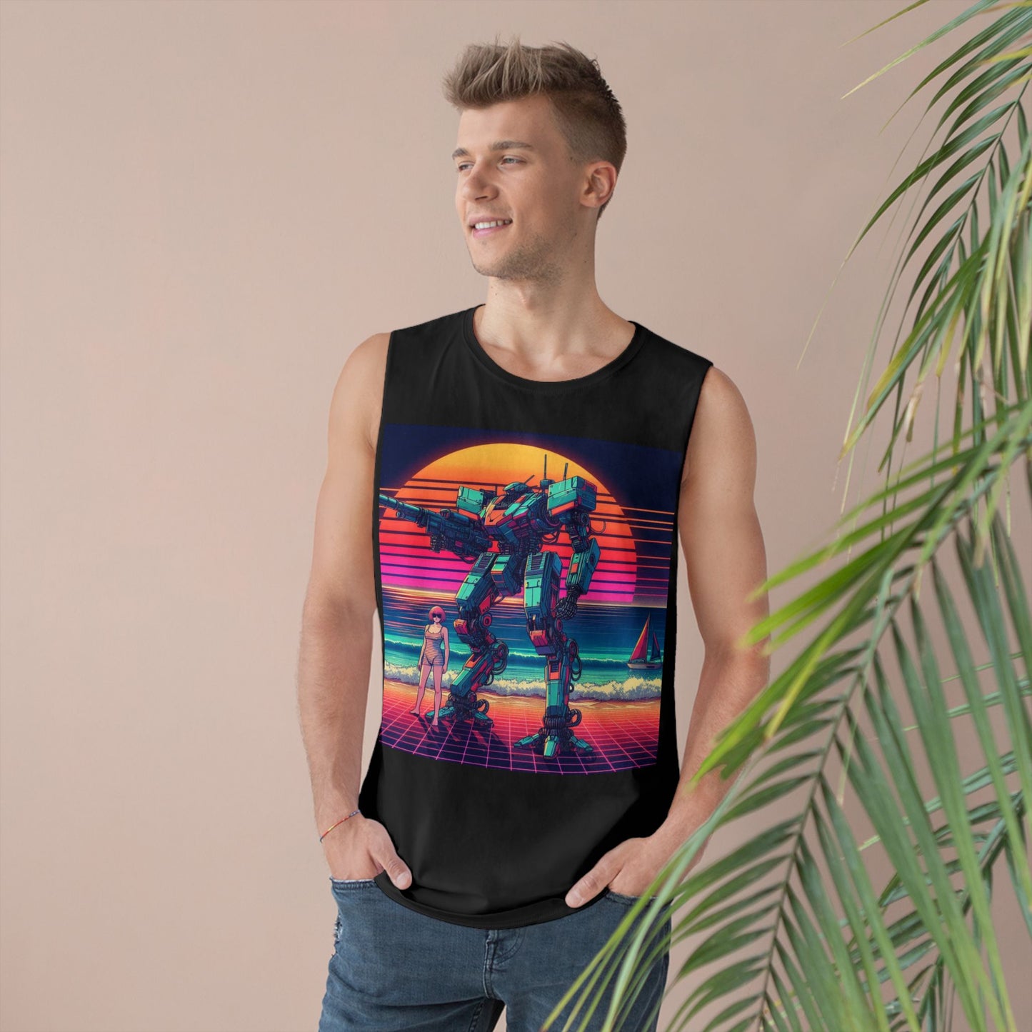 Retro Robot Beach Unisex Tank Top - Vintage 80s Aesthetic Sleeveless Shirt