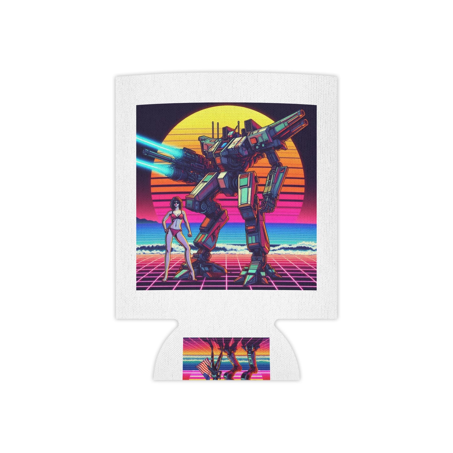 Retro Sci-Fi Can Cooler - Vintage Robot & Sunset Design